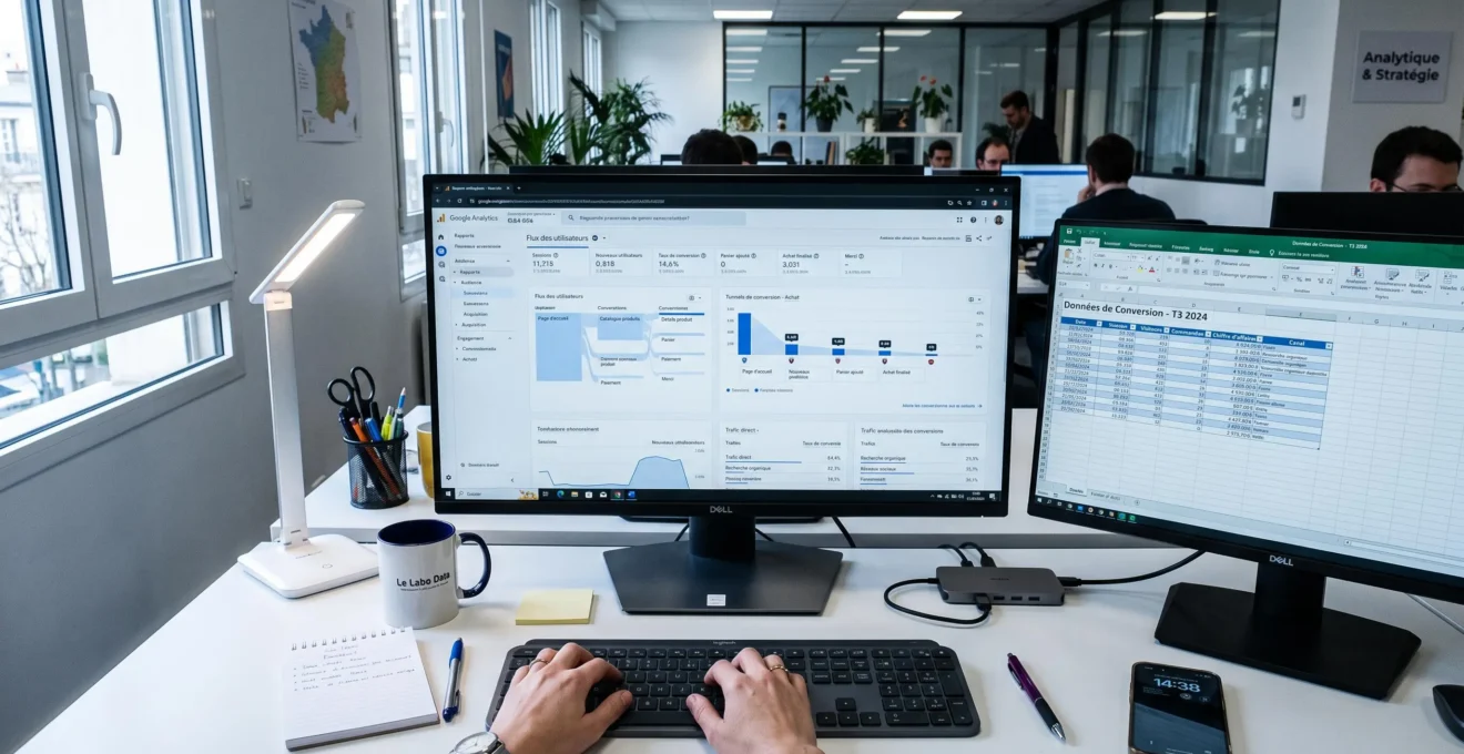 Écran d'ordinateur affichant tableaux de bord Google Analytics 4 avec rapports de conversion et flux utilisateurs, mains sur clavier au premier plan