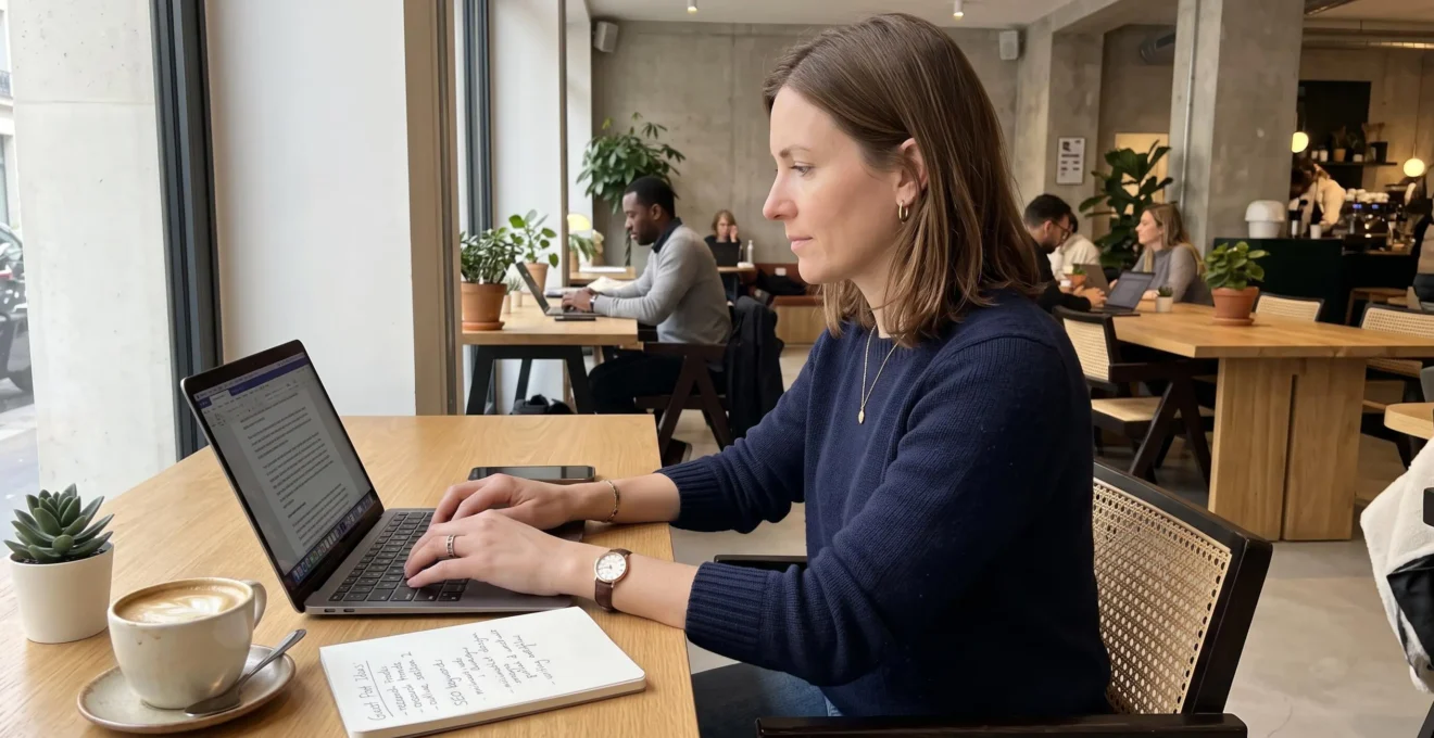 Rédactrice web travaillant sur ordinateur portable avec carnet de notes et café, dans un espace de coworking lumineux à Paris