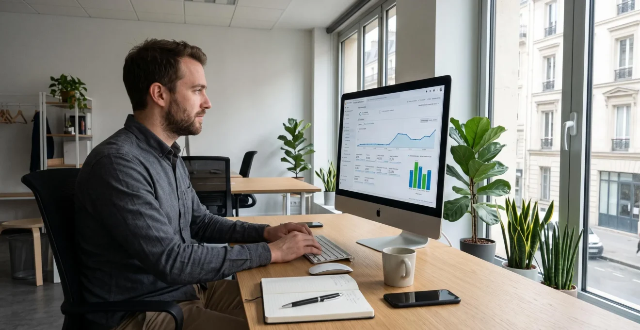 Responsable marketing consultant des graphiques de trafic web sur un écran d'ordinateur affichant Google Analytics dans un bureau moderne français éclairé par la lumière naturelle
