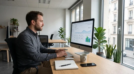 Responsable marketing consultant des graphiques de trafic web sur un écran d'ordinateur affichant Google Analytics dans un bureau moderne français éclairé par la lumière naturelle