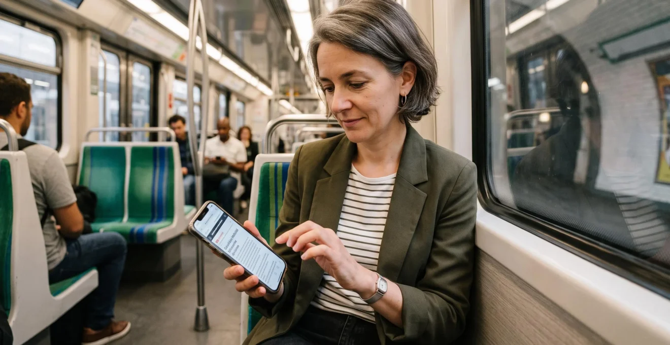 Voyageur consultant un site web sur smartphone dans le métro parisien, éclairage naturel, expression concentrée